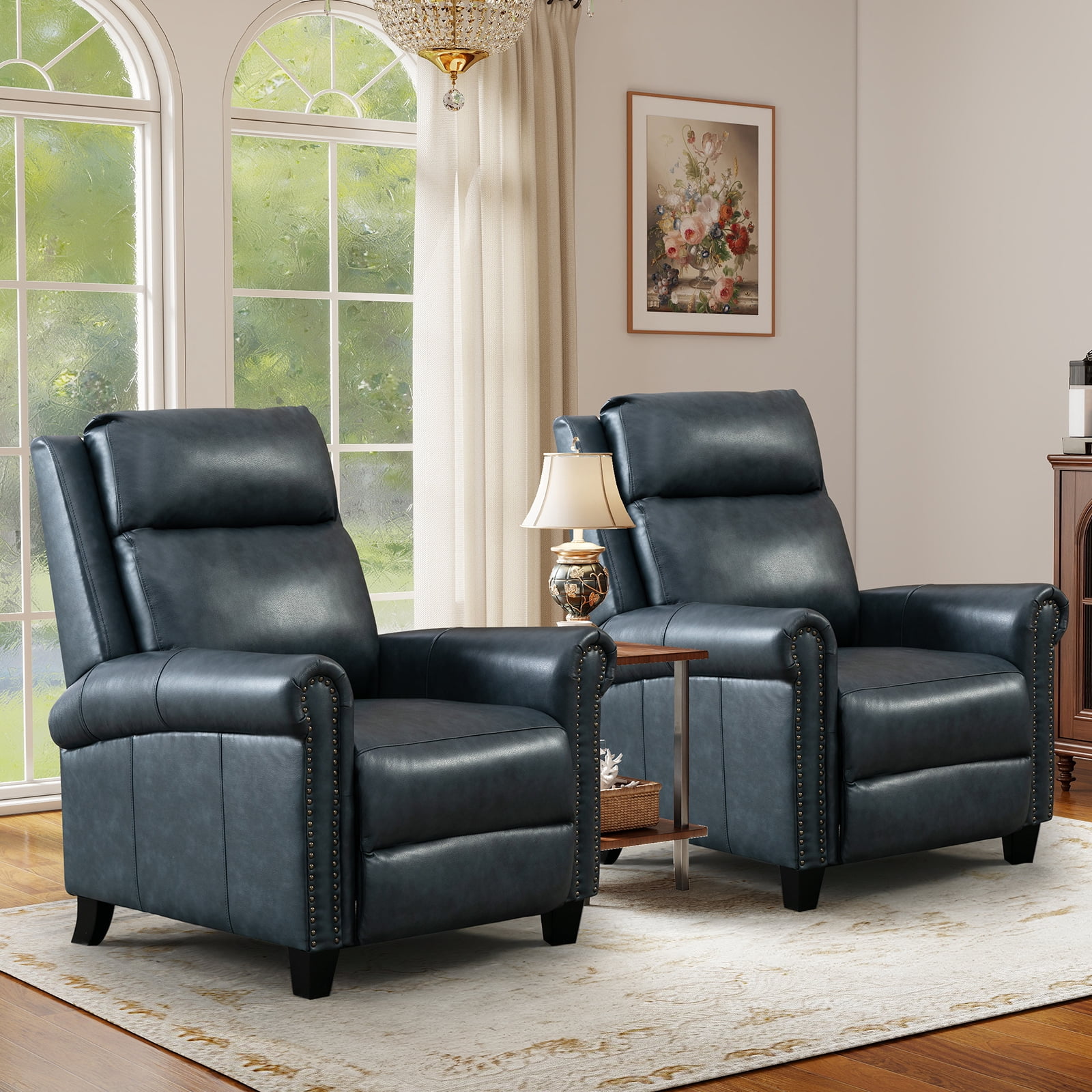 Bonzy Home Genuine leather Recliner Push Back Recline Chair with Classic and Traditional Armrests inlaid with Vintage Rivets, Navy, Set of 2