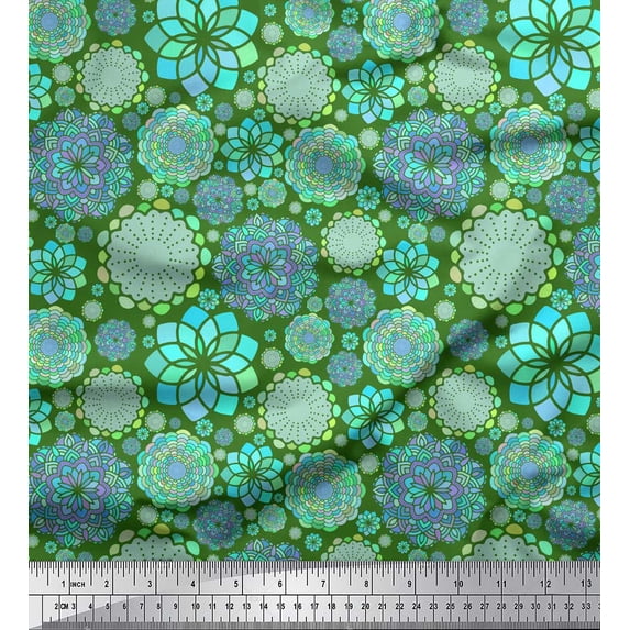 Soimoi Green Moss Georgette Fabric Blue Mandala Print Fabric by the Yard 42 Inch Wide