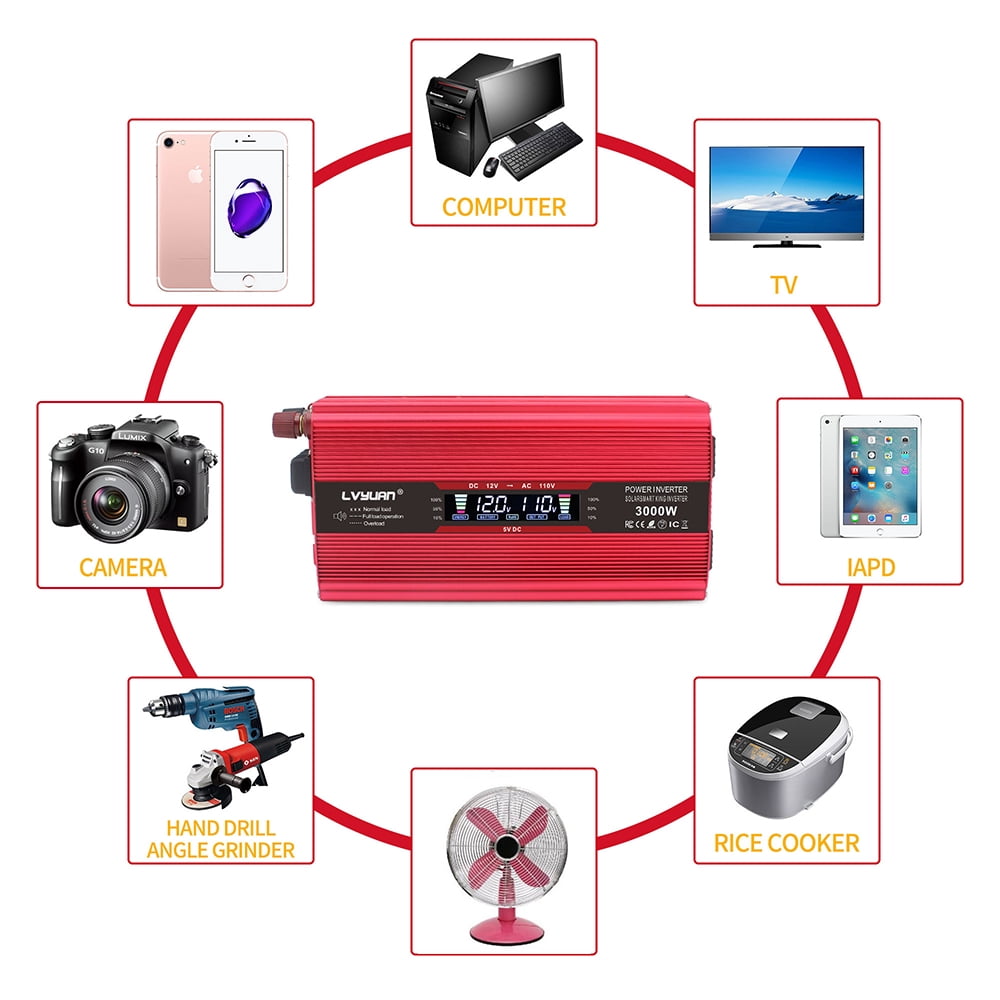 Yinleader 1500 Watts Car Power Inverter Converter 12V to 110V with LCD Display 2Sockets USB