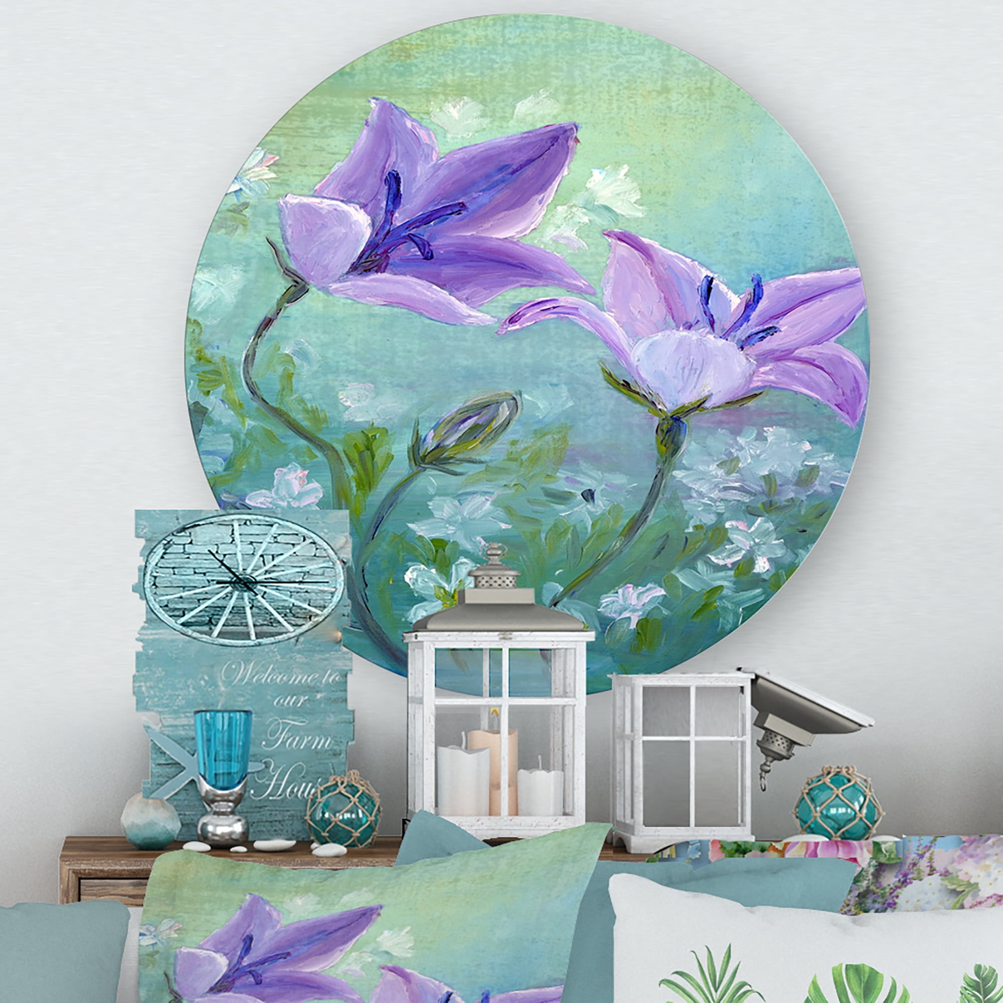 Designart 'Purple Bellflowers Blooming' Traditional Circle Metal Wall Art 11x11 - Disc of 11