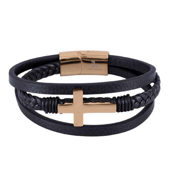 Pulsera Hombre LUCKMAN Cruz Piel Vegana Acero Inoxidable Modelo Saul Dorado UNITALLA