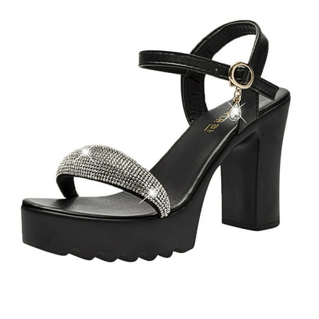 

Kukoosong Heeled Sandals Womens Summer Casual Round-toe Sandals High-heeled Platform Metal Buckle Fashion Womens Sandals Black 37