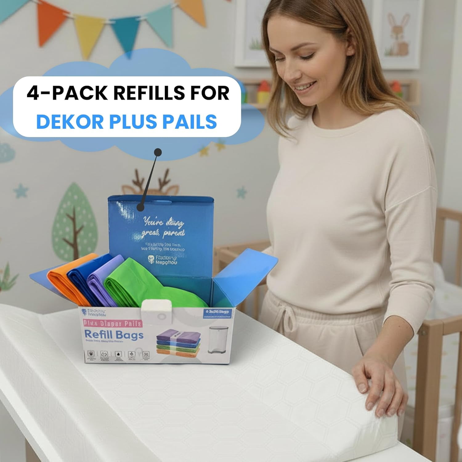 ® Pack of 4 Refills Compatible with Dekor PLUS Diaper Pails (NOT COMPATIBLE WITH DEKOR CLASSIC). A Refill is 394 in Long, 30% Thicker. Odor Control. Each Refill Holds up to 600 Diapers