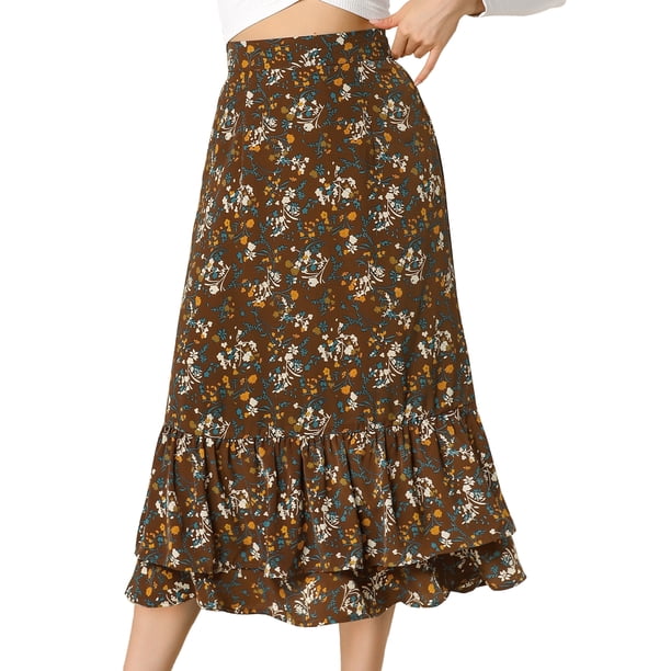 Falmidi fluicon dobladillo con volantes escalonados y cintuelástiestampapamujer Marrón-Floral L