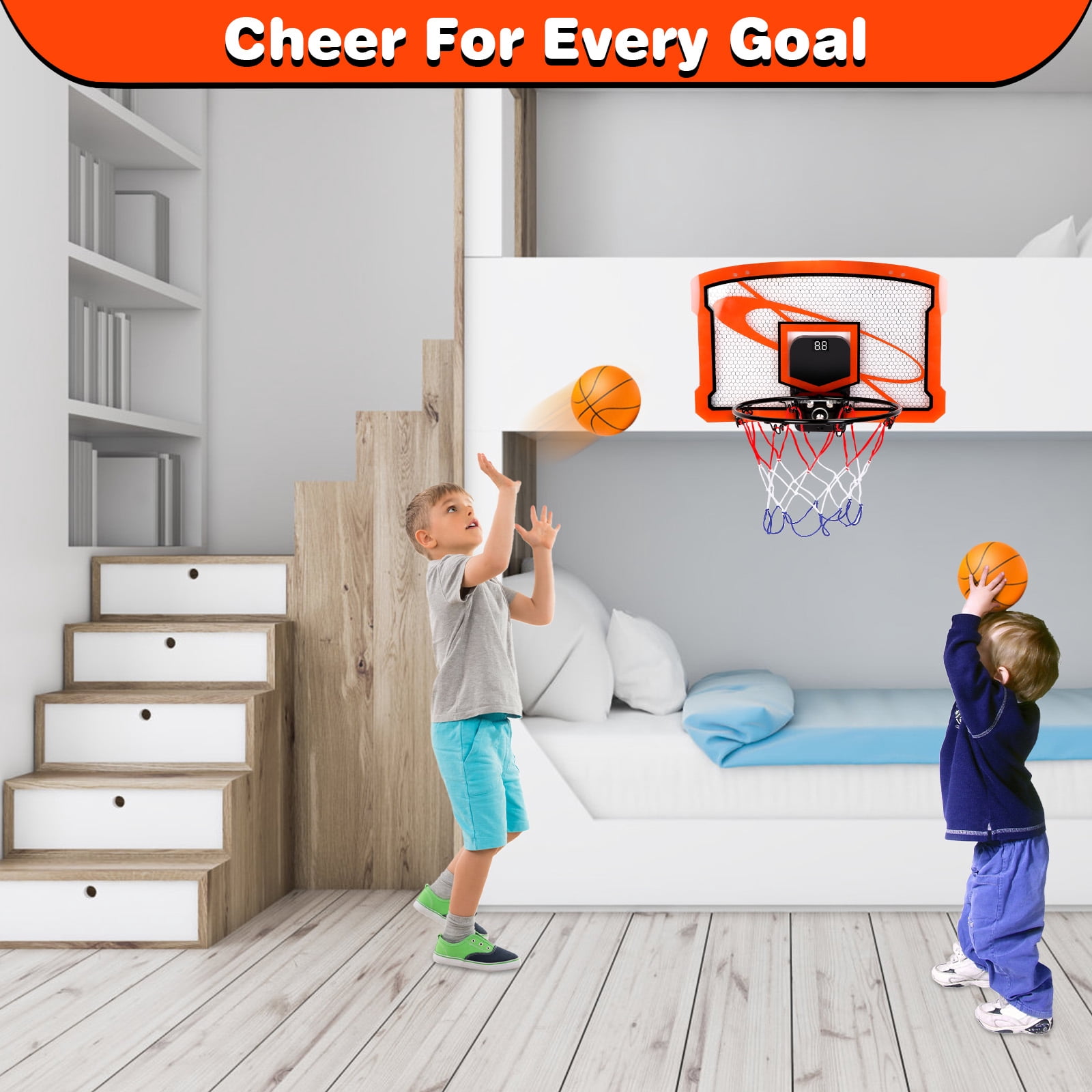 iMounTEK 15.74" X 9.64" Basketball Hoop Interactive Indoor Basketball Toys for Kids, Mini Basketball Hoop for Door with 4 Balls