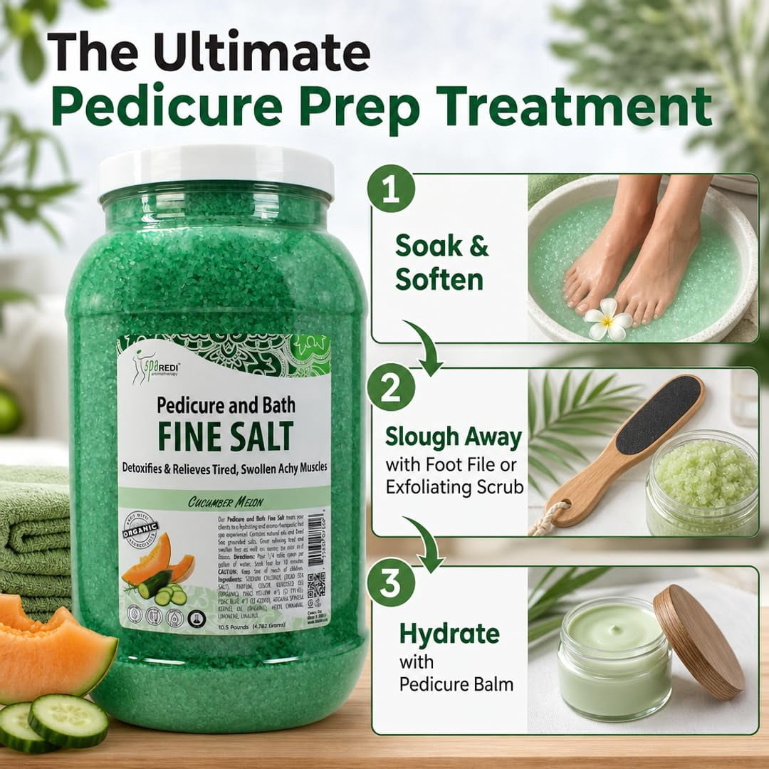 SPA REDI - Detox Foot Soak Pedicure and Bath Fine Salt, Cucumber and Melon, 128 Oz - Made with Dead Sea Salts, Argan Oil, Coconut Oil, and Essential Oil - Hydrates, Softens and Moisturizes