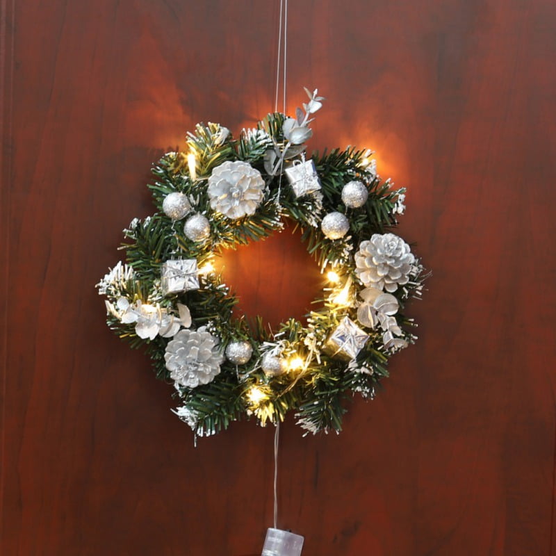 Christmas Wreath With Battery Powered LED Light String Front Door Hanging Garland Holiday Home