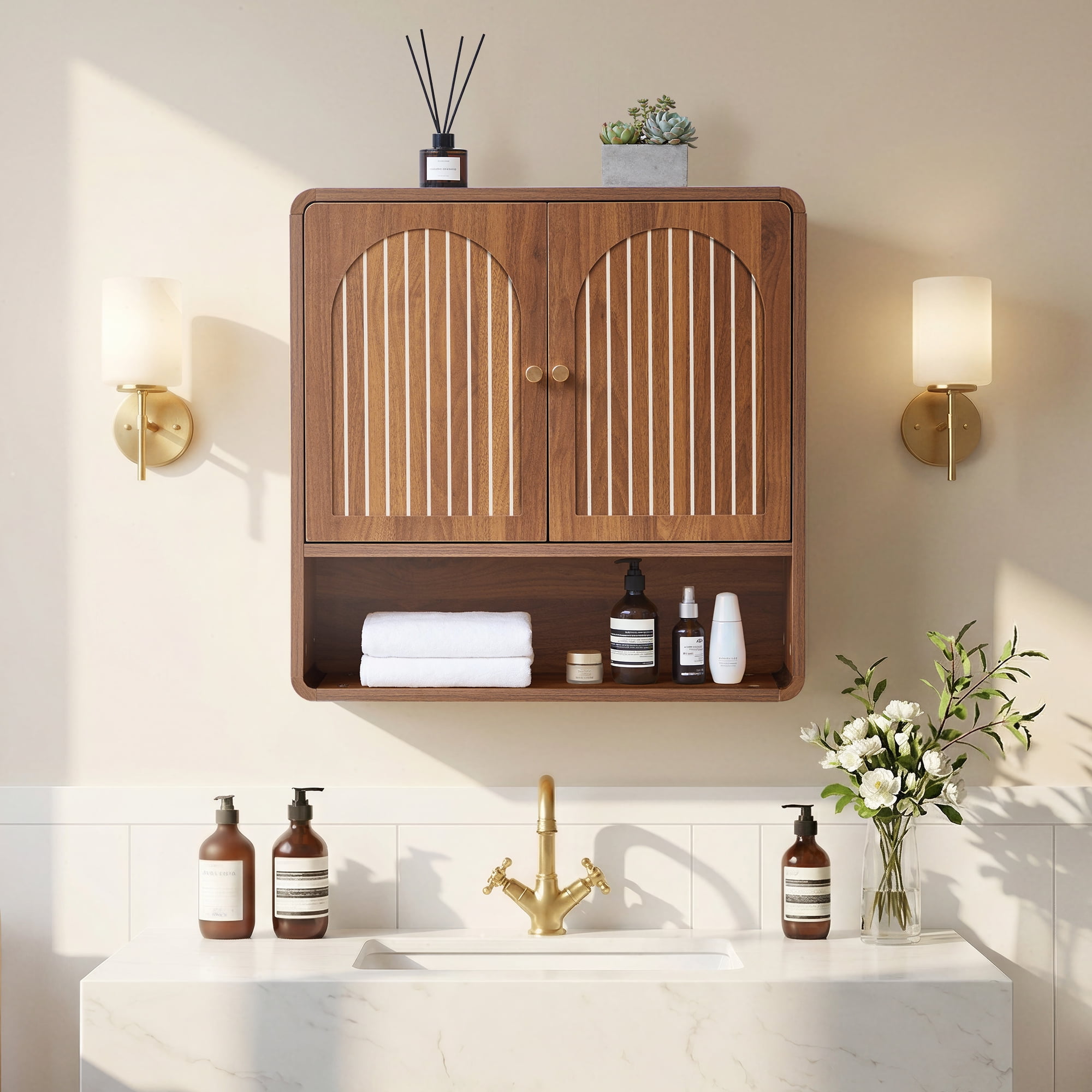 Wirrytor Fluted Wooden Medicine Cabinet Storage, Brown Bathroom Wall Cabinet with 2 Doors Adjustable Shelf and Towels Bar