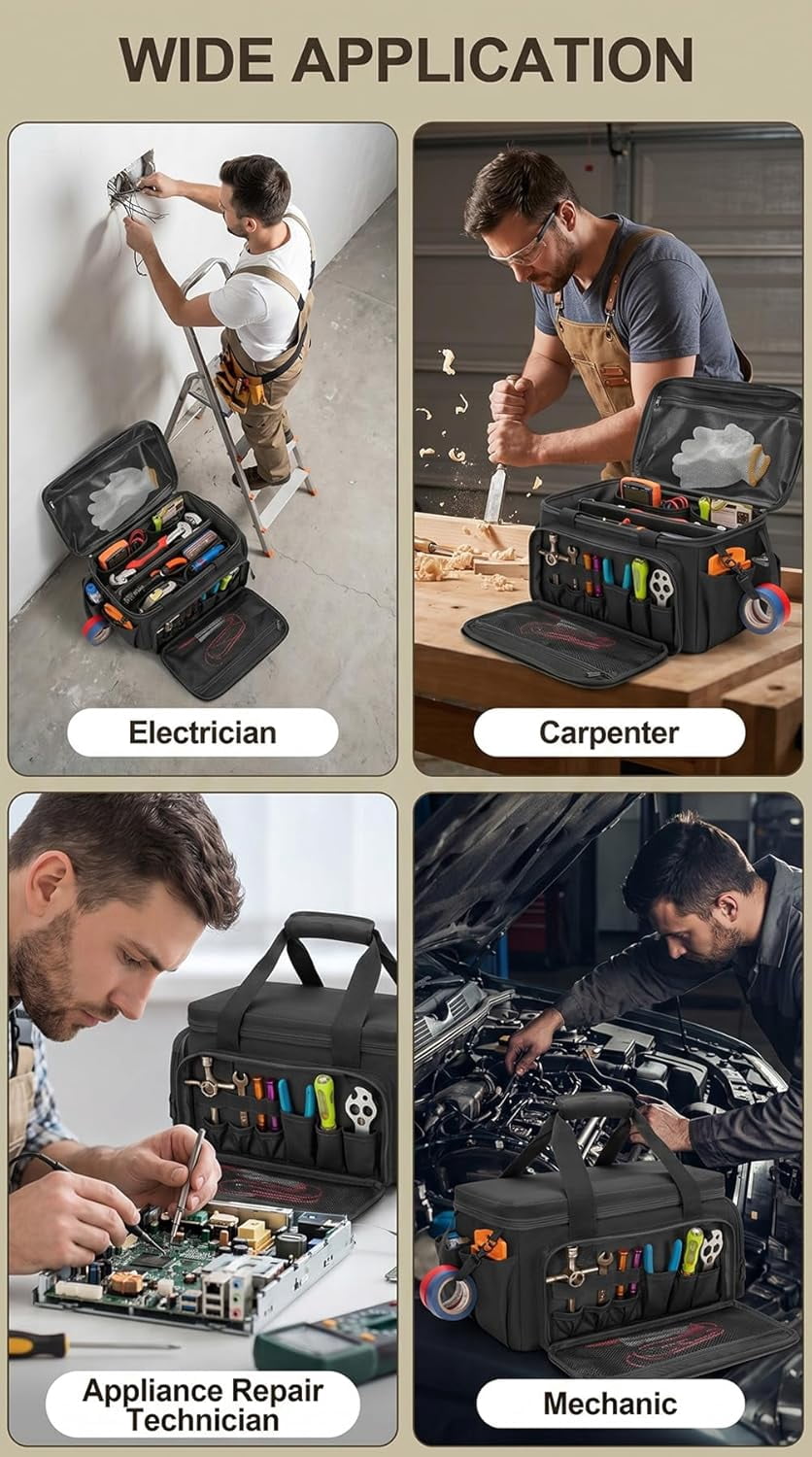 14-Inch Heavy-Duty Canvas Tool Bag, 600D Oxford Cloth Tool Organizer with 16+ Multi Pockets, Waterproof Tote for Electrician, Plumber, Carpenter, Handyman, DIY, Home Improvement (Black,One size)