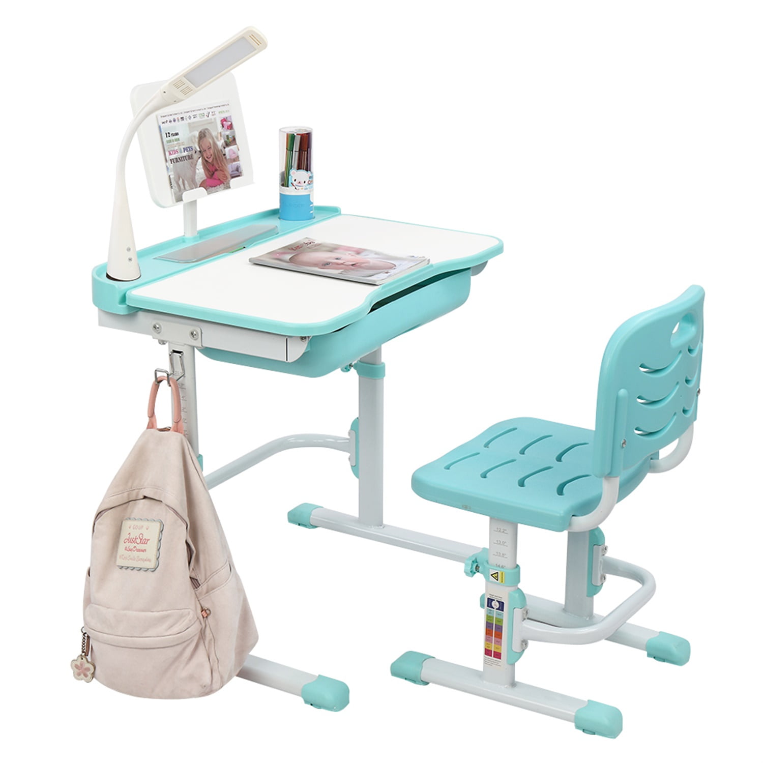 Kids Functional Desk and Chair Set, Children School Study Desk with Tilt Desktop, Bookstand, LED Light, Metal Hook and Drawer for Boys Girls (Blue) Kids Functional Desk and Chair Set, Children School Study Desk with Tilt Desktop, Bookstand, LED Light, Metal Hook and Drawer for Boys Girls (Blue)