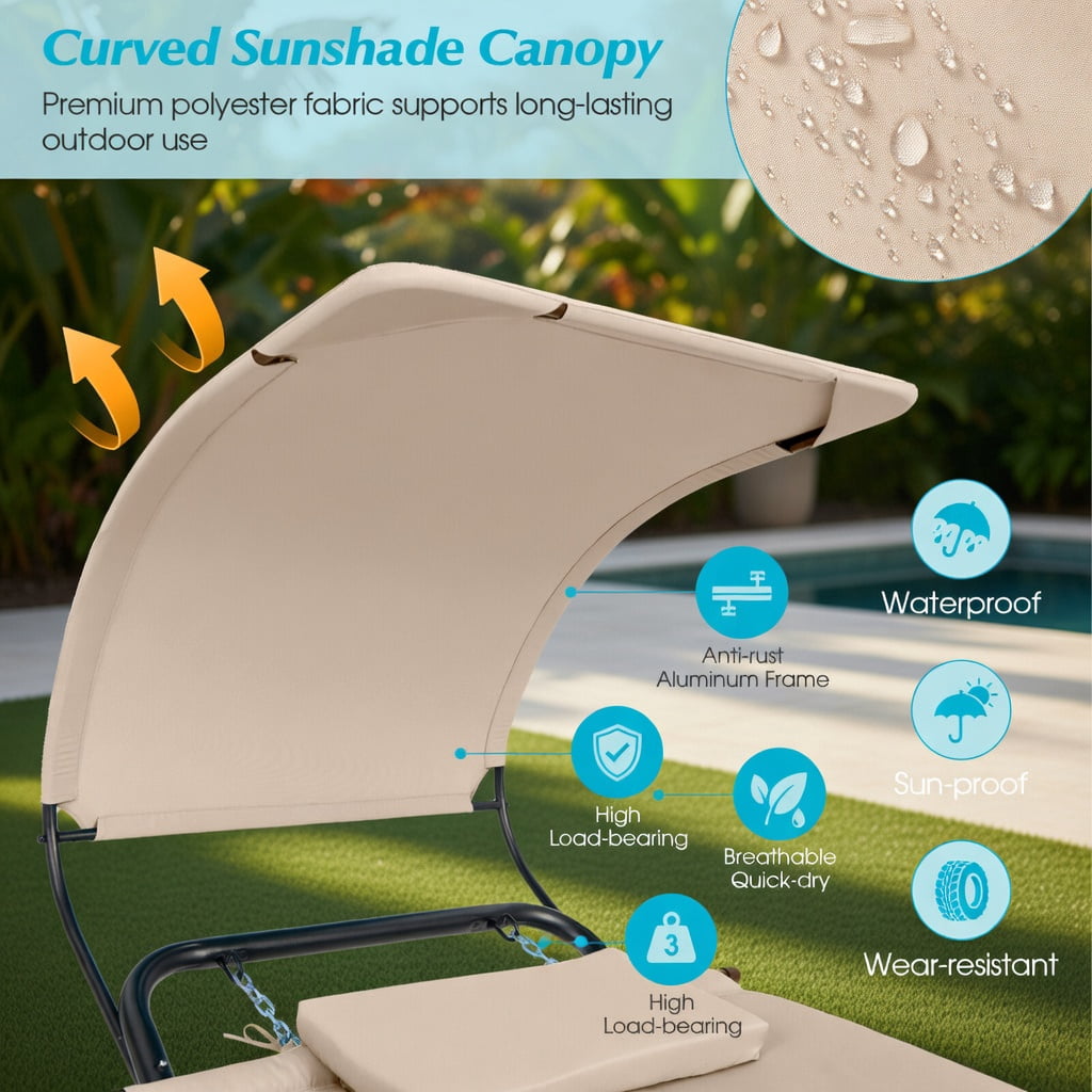 Hommoo Outdoor Hanging Chaise Lounge Chair with Sun-Blocking Canopy, Thick Cushion & Pillow, Heavy-Duty Metal Frame for Patio, Deck, Poolside, Beige