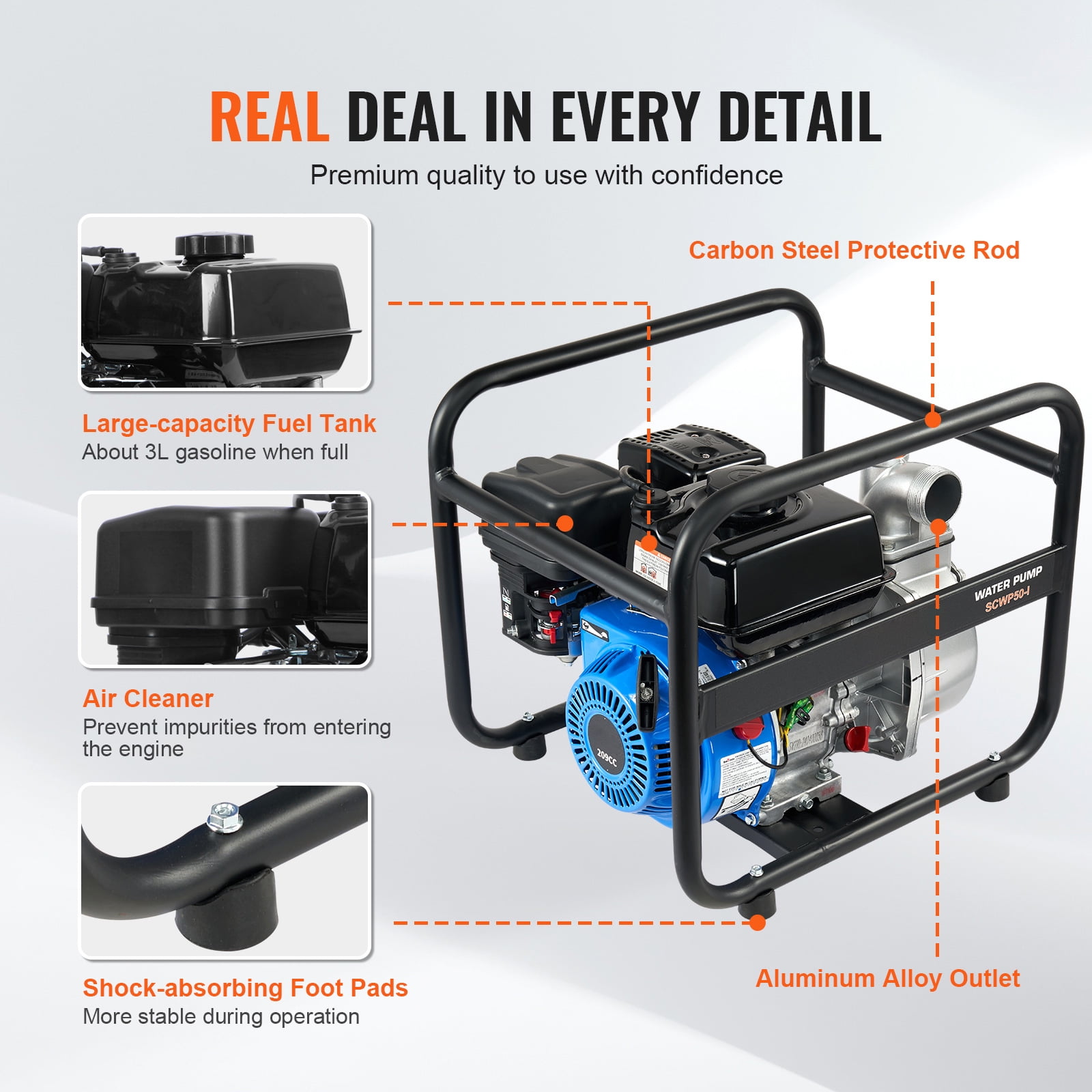 SKYSHALO Gas-Powered Water Pump, 2 in/50 mm, 6.5HP, 132 GPM, 4-Stroke Engine for Efficient Water Transfer, 98 ft Max Lift & 26 ft Suction, Includes Inlet Filter & Durable Cast Iron Impeller for Pool