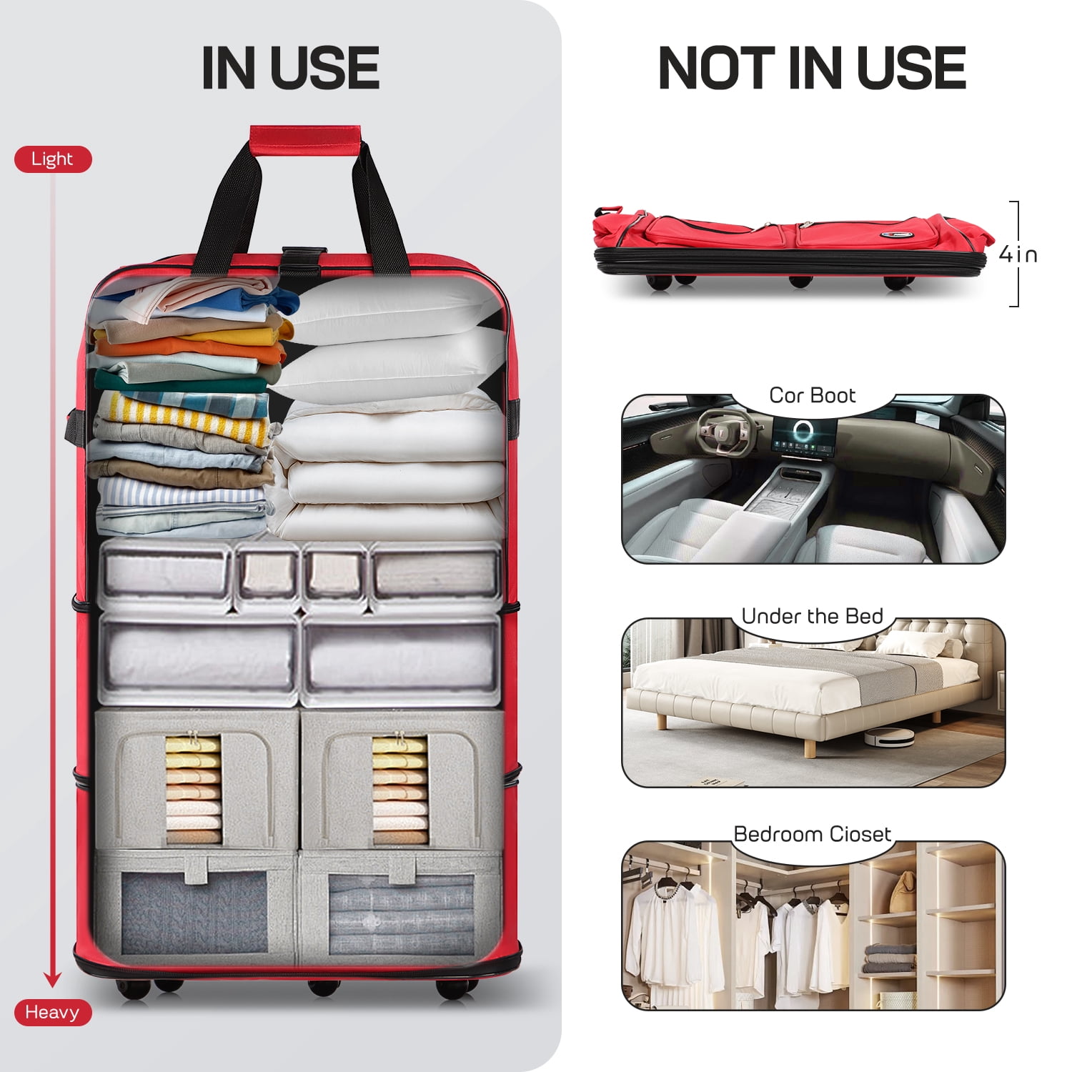 36" Expandable Foldable Luggage Bag Suitcase with 5 Swivel Wheels Collapsible Rolling Travel Bag for Home Storage Moving,Red - EX