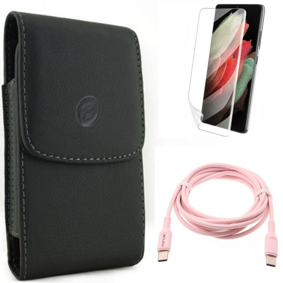 Case Belt Clip w Matte Screen Protector w Pink 6ft Long Cable for Samsung Galaxy S21 Plus - Leather Holster, TPU Film Anti-Glare, USB-C to Type-C PD Fast Charger Accessory Bundle