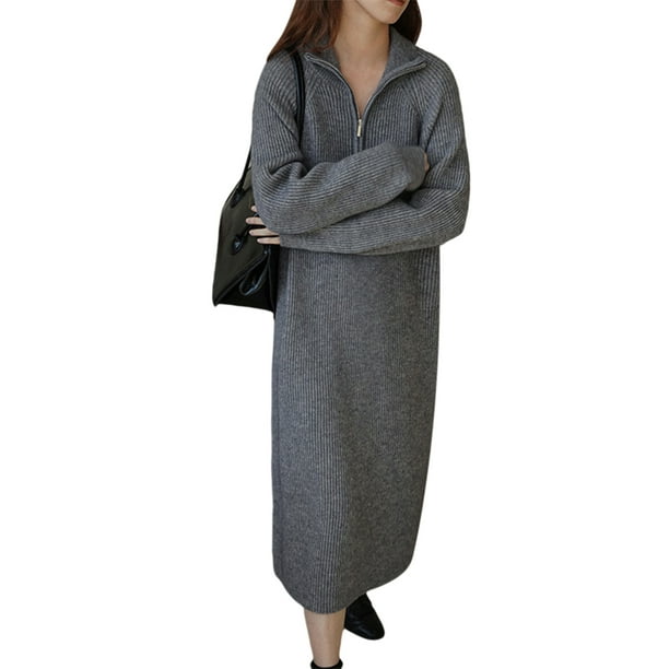 Lucakuins Vestido Midi Suéter Mujer, Color Sólido Solapa Cuarto Cremallera Manga Larga Punto Midi Vestido, Negro/Gris/Rosa/Albaricoque Lucakuins moda