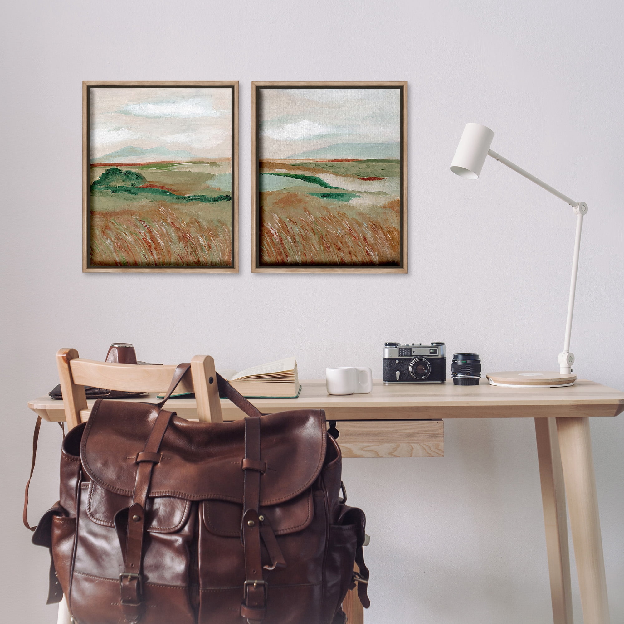 Stupell Industries Windblown Reeds Landscape Landscape Painting Brown Floater Framed Canvas Art Print Wall Art, 17 x 21, Set of 2