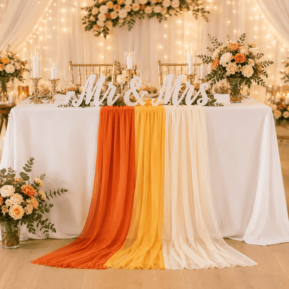 6 Pcs Cheesecloth Table Runner Set, Orange, Gold & Champagne, 10 Ft Boho Sheer Table Runners for Wedding, Bridal Shower, Baby Shower, Birthday, Graduation, Party Decorations