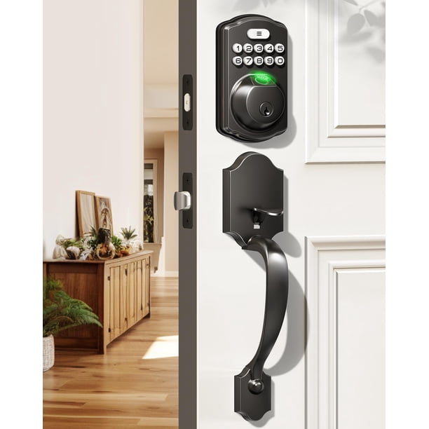 Veise Juego de cerradura de puerta con huella dactilar, cerradura de puerta de entrada sin llave, juego de manija frontal, cerrojo de teclado electrónico con manija de palanca, 2 llaves, bloqueo autom