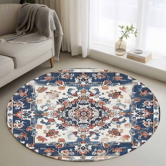Round Rugs 3Ft, Boho Navy Blue Red Round Area Rug Washable Indoor Throw Carpet, Southwestern Geometric Vintage Art Small Non Slip Circle Rug for Bedroom Living Room Home Decor Aesthetic