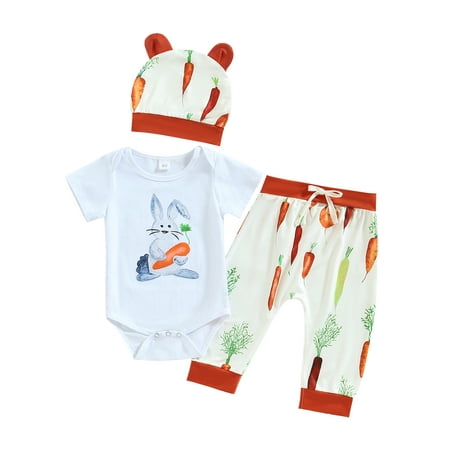 

Canrulo Newborn Baby Boys Girls Easter Outfit Rabbit Short Sleeve Romper + Carrot Print Pants + Hat 3Pcs Clothes White 0-6 Months
