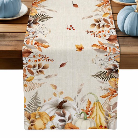 Table Runner Dresser Scarves 70 Inch Long,Thanksgiving Pumpkin Flower Linen Dining Table Runners Autumn Leaf Plant on Linen Tabletop Scarf for Wedding Holiday Party Kitchen