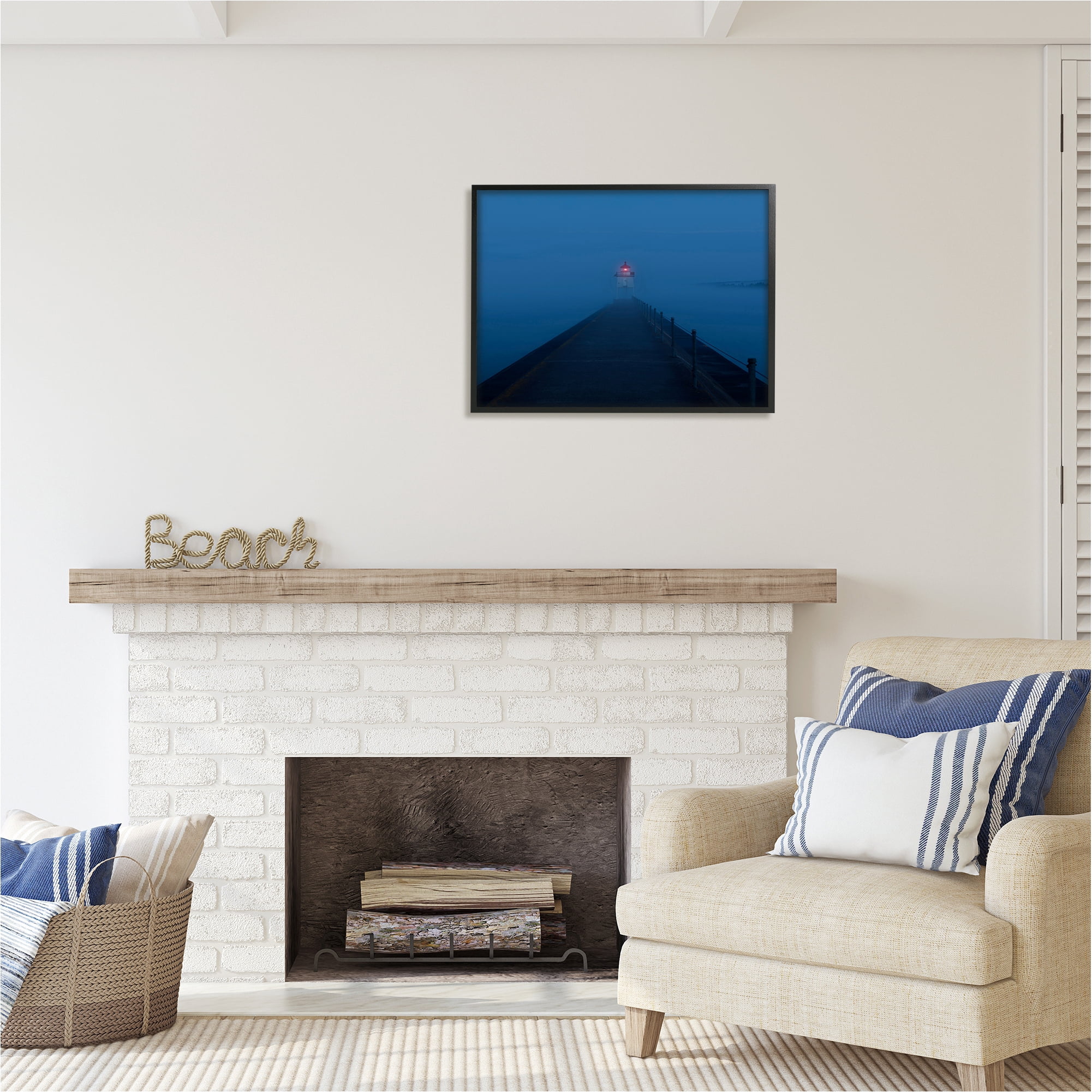 Stupell Industries Foggy Lighthouse Dock Landscape Photography Black Framed Art Print Wall Art, 30 x 24
