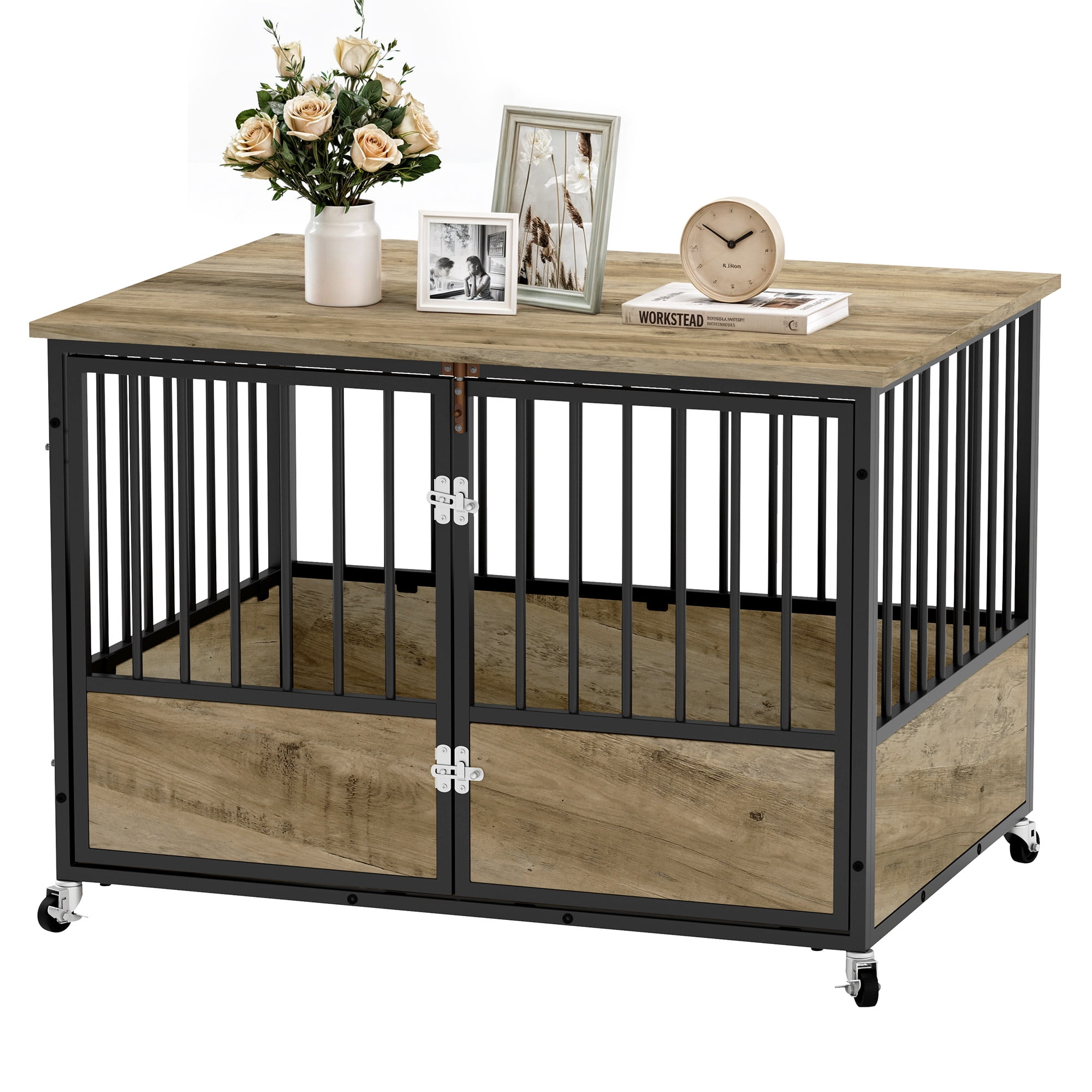 Uforic 43.3" Dog Crate Furniture with Wheels, Heavy Duty Double-Door Kennel for Medium/Large Dogs, Chew-Resistant Wooden End Table & Pet Cage