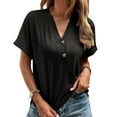 thumbnail image 2 of Pink Season Women Summer Top V Neck Button Decor Short Sleeves Solid Color Loose Match Pants Pullover Cotton Casual Summer Blouse Women Clothes, 2 of 8