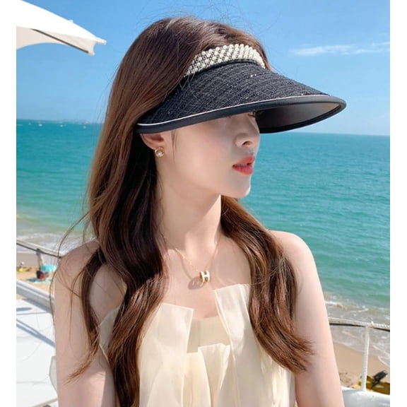 Visor Hats for Women, Summer Pearl Wide Brim Sun Hat Clip on UPF 50  UV Protection Caps for Outdoor Sports Travel and Beach, Head Open-top Hat, Black