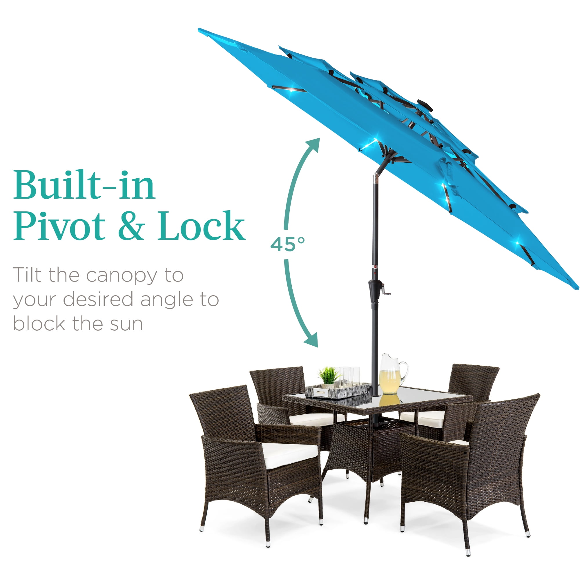 Best Choice Products 10ft 3-Tier Solar Patio Umbrella w/ 24 LED Lights, Tilt Adjustment, Easy Crank - Sky Blue
