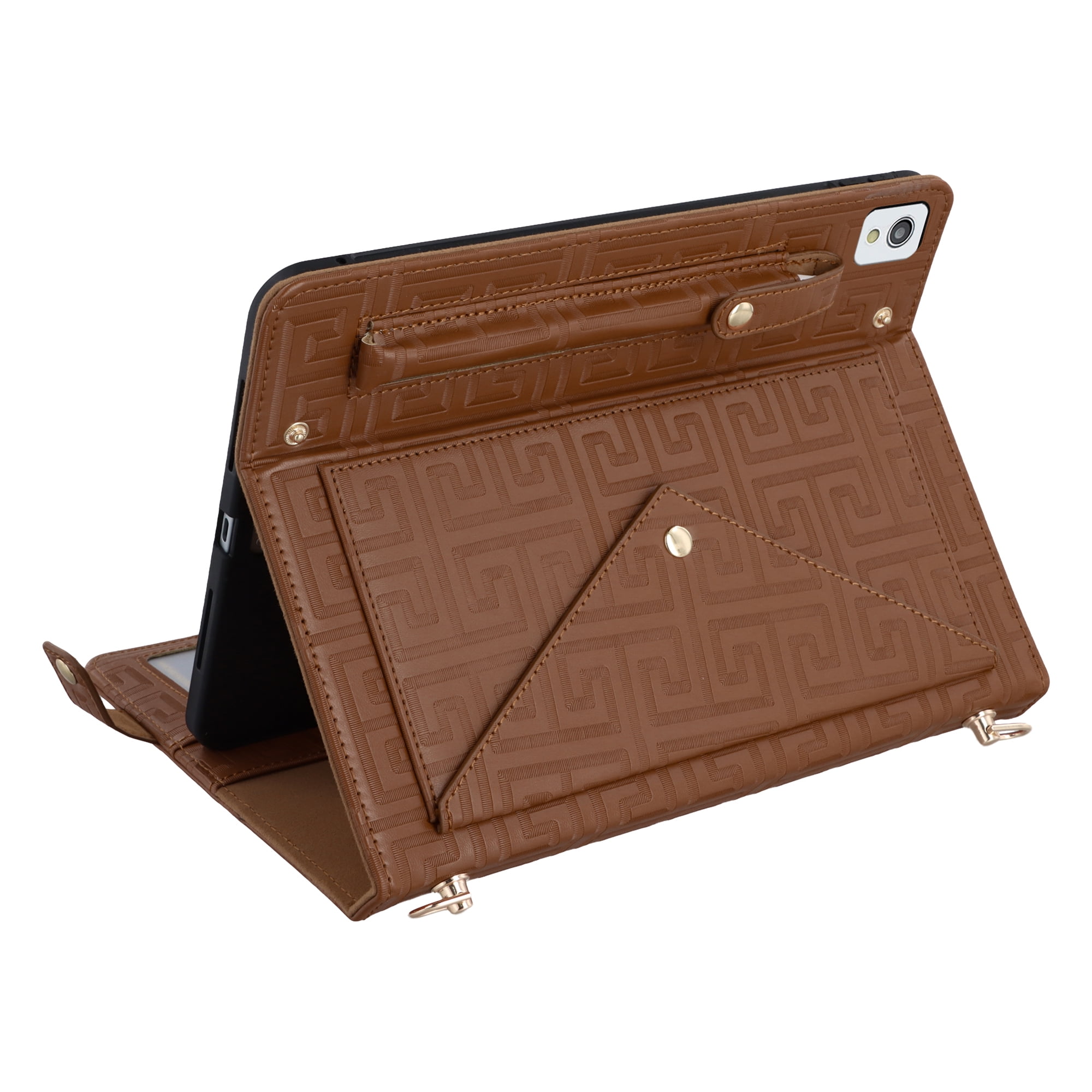 Dteck Handbag Case for iPad Air 11 inch 2024,Magnetic Leather Elegant Crossbody Folio Stand Wallet Case with Pencil Holder, Card Slots, Hand Strap, Shoulder Strap ,Brown
