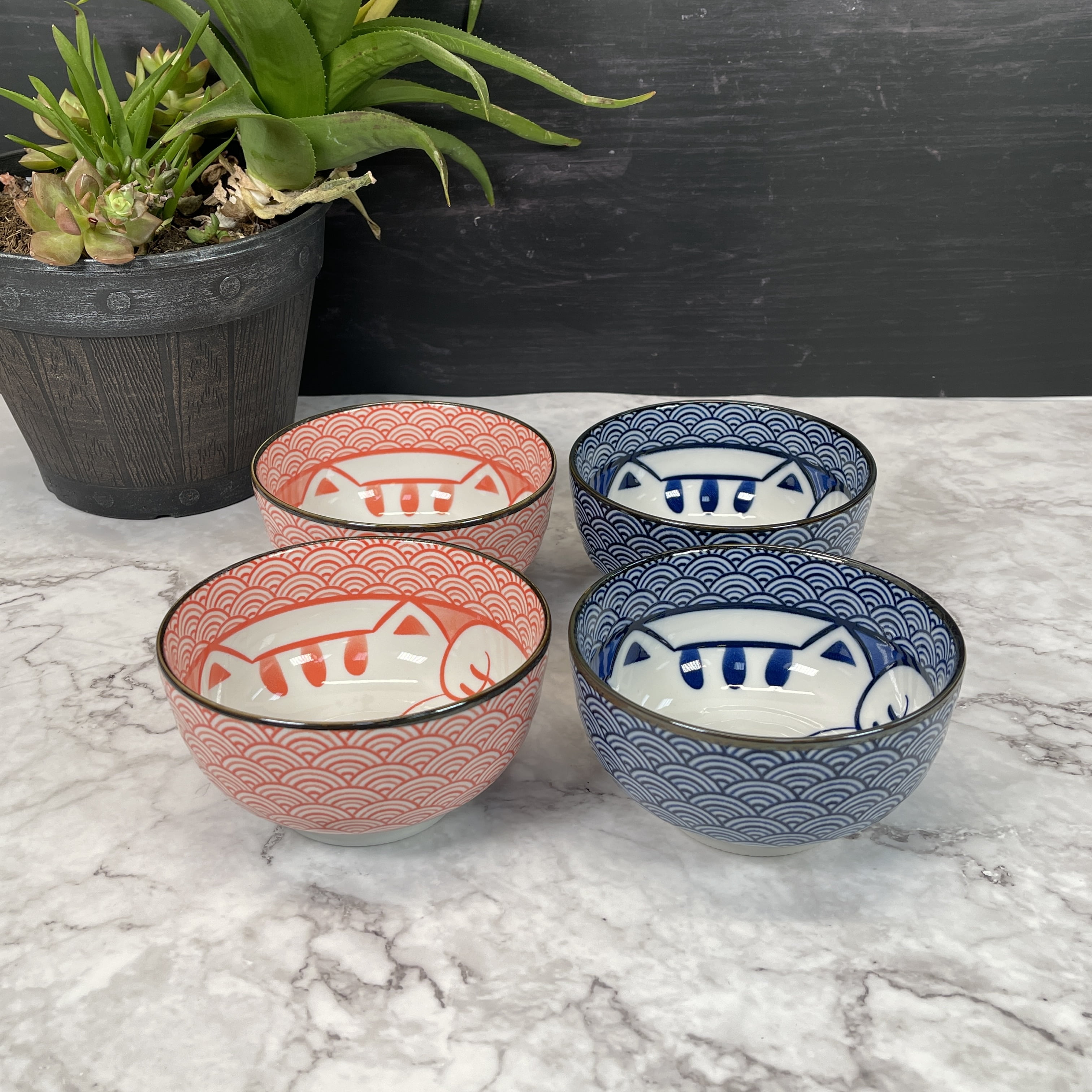 4 pcs Ceramic Lucky Cat Bowl Gift Set Blue Pink, Dinning Bowl