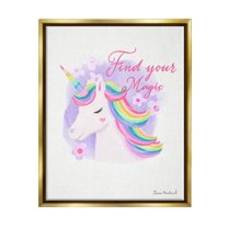 Stupell Industries Find Your Magic Bold Rainbow Floral Unicorn Mane Graphic Art Metallic Gold Floating Framed Canvas Print Wall Art, Design by Diane Neukirch