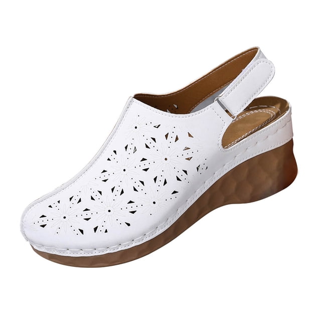 WLOELOEW White Platform Sandals For Women Hollow Out Design Adjustable Strap Pu Material Foot Length 9.06 Inches Us Size 5.5