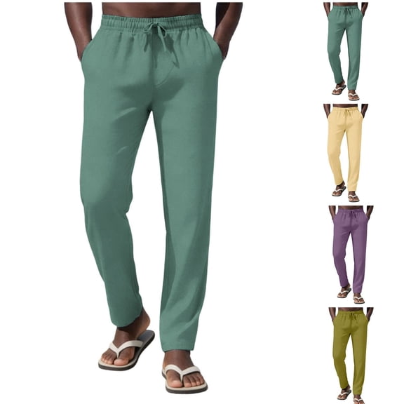 Mens Casual Cotton Linen Pants Loose Fit Elastic Drawstring Waist Straight-Legs Summer Yoga Beach Long Pants Size 2XL Yellow