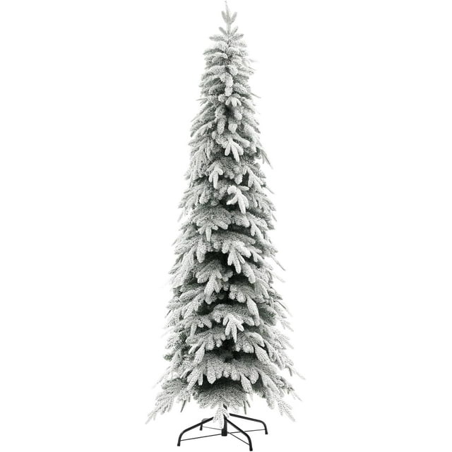 HOMCOM 7ft Tall Pencil Christmas Tree, Artificial Flocked Xmas Tree with 800 Branch Tips, Auto Open, Steel Base, for Home Office Holiday Décor, Green
