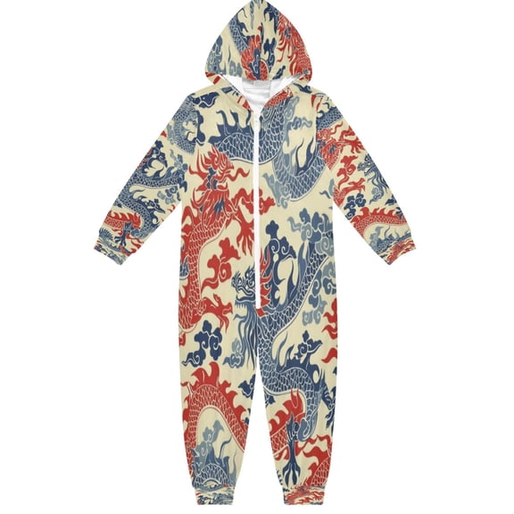 Soft and Comfortable One-Piece Pajamas Jumpsuits Red and Blue Dragon