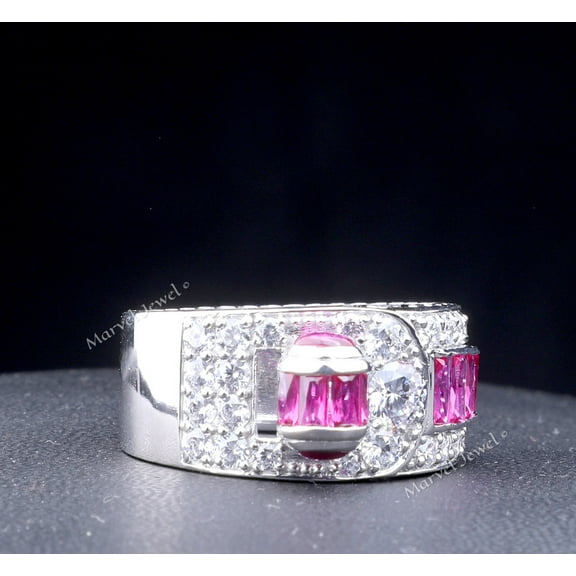 Men's Birthstone Diamond Ring, July Birthstone Pink Ruby Diamond Engagement Ring, Men's Dome Ring, Channel Set Diamond Ring, 925 Sterling Silver, 2.5 Ct Simulated Diamond