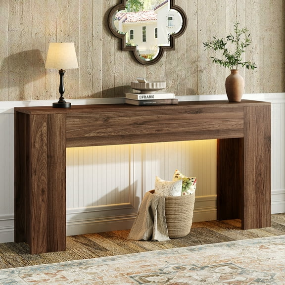 63-Inch Long Console Table with LED Light, Farmhouse Sofa Table Behind Couch, Wooden Console Table for Entryway Hallway Entrance Living Room, Brown
