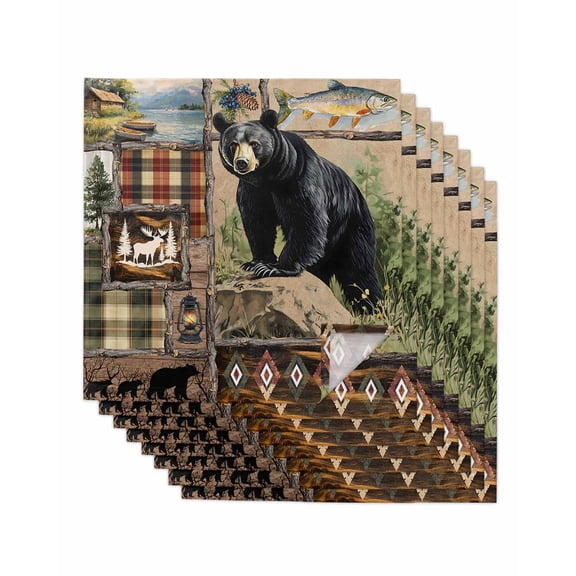 nqOlkjepod Vintage Black Bears Cloth Napkins Set of 8 Reusable Dinner Napkins, Abstract Country Plaid Fish Retro Cocktail Napkin Washable Table Napkins for Wedding/Holiday Party/Baby Shower 20"x20"