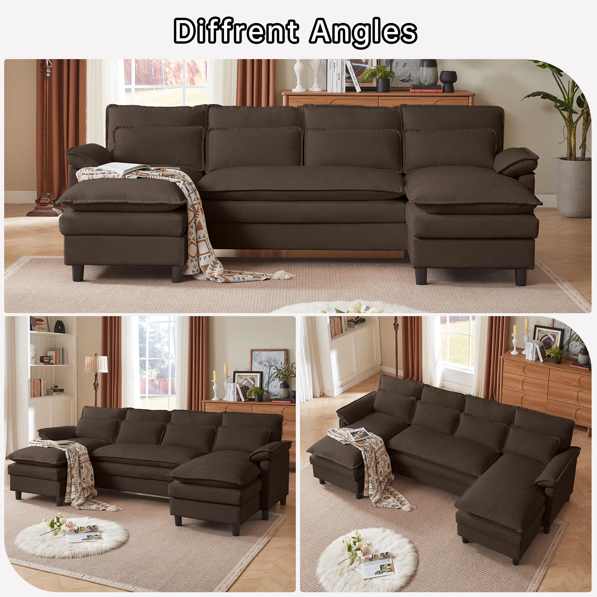 Pingliang Home Oversized U Shaped Couch,4 Seat Sectional Sofa with 4 Pillows,Upholstered Symmetrical Cloud Couch with Double Chaise,Wrap Around Sofa Modular sofa for Living Room Apartment Office