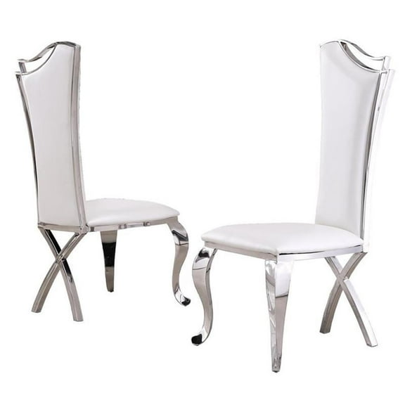 Maklaine White Faux Leather Side Chairs in Silver Stainless Steel (Set of 2)
