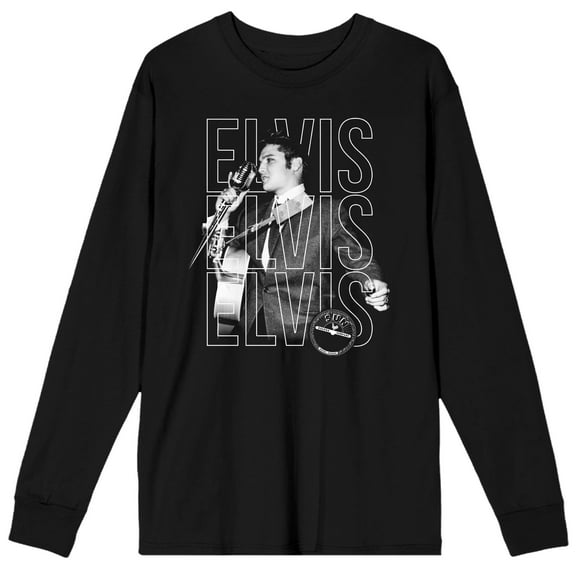 Sun Records Elvis Repeat Name Crew Neck Long Sleeve Black Adult Tee-Medium