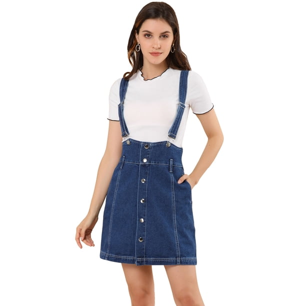 Vestido Allegra K Tirantes Falda De Mezclilla Cintura Alta Botones Frontales Casual Azul S