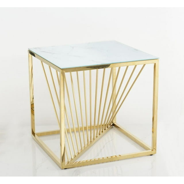 Brassex Kingston Modern Glam Side Table for Living Room and Bedroom with Marble Glass Top and Gold Stainless Steel Base