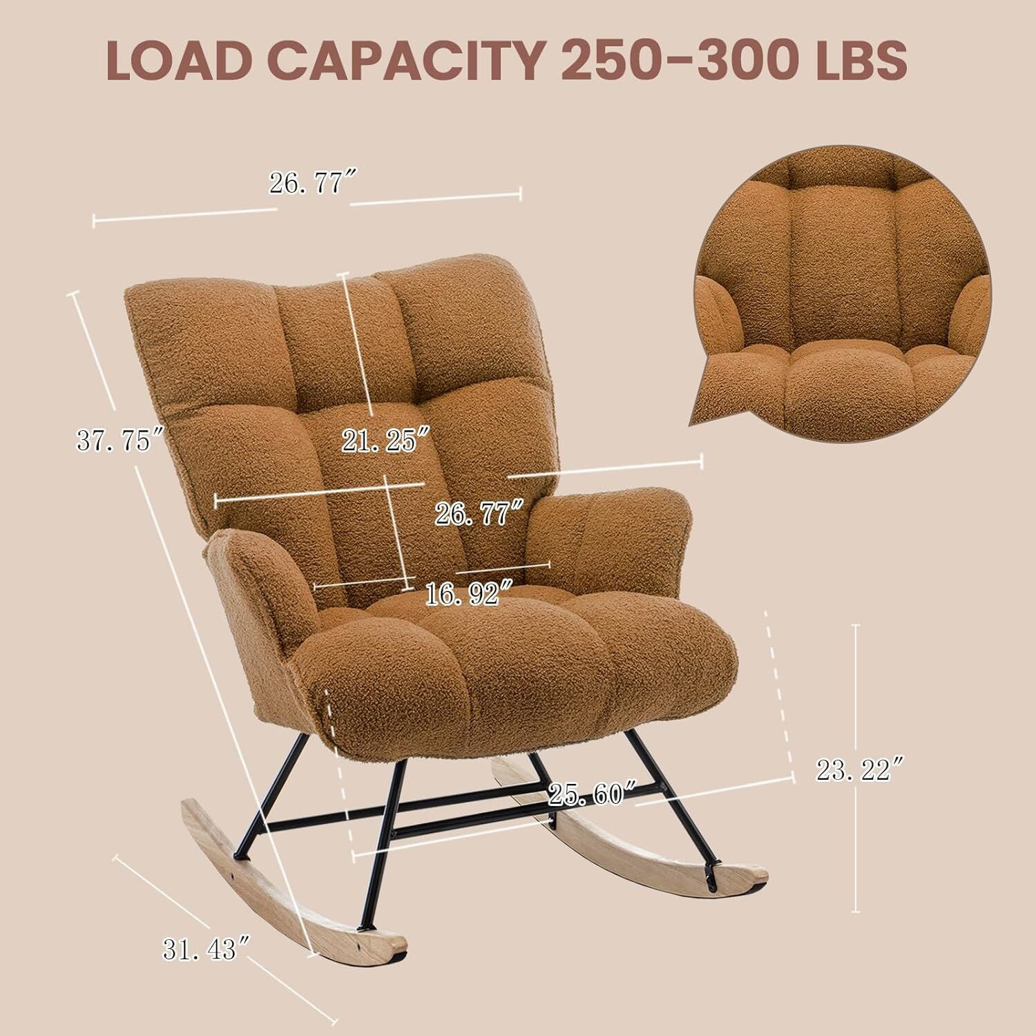 Nursery Rocking Chair Teddy, Upholstered Glider Rocker with High Backrest, Comfortable Stylish Accent Armchair with Padded Seat for Living Rooms, Bedrooms, Brown