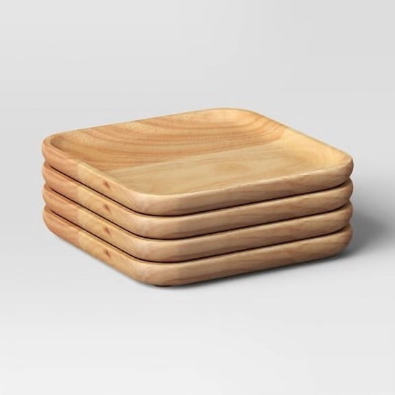 4pc 6"x6" Wood Square Serving Platter Natural - Serveware, Faux Wooden Plates, Spot Clean, Brown