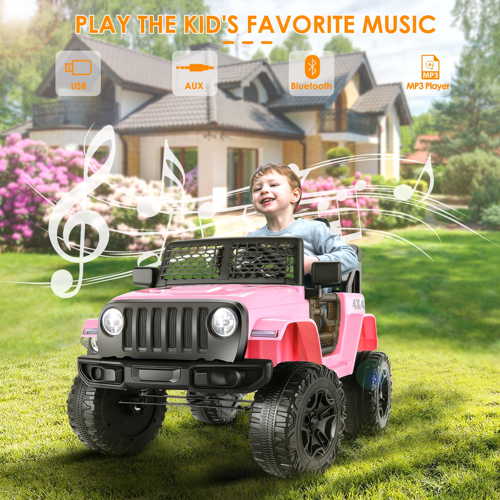 Funcid 12V 7AH Kids Powered Ride on Truck Car with Parent Remote Control, Bluetooth Music, Spring Suspension, LED Lights - Pink