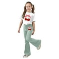 thumbnail image 2 of Girls Casual Outfits Bow Cherry Print Short Sleeve Top with Flared Pants Comfortable Loose Playwear Kids 2 Piece Sets Green 13-14 Y, 2 of 5