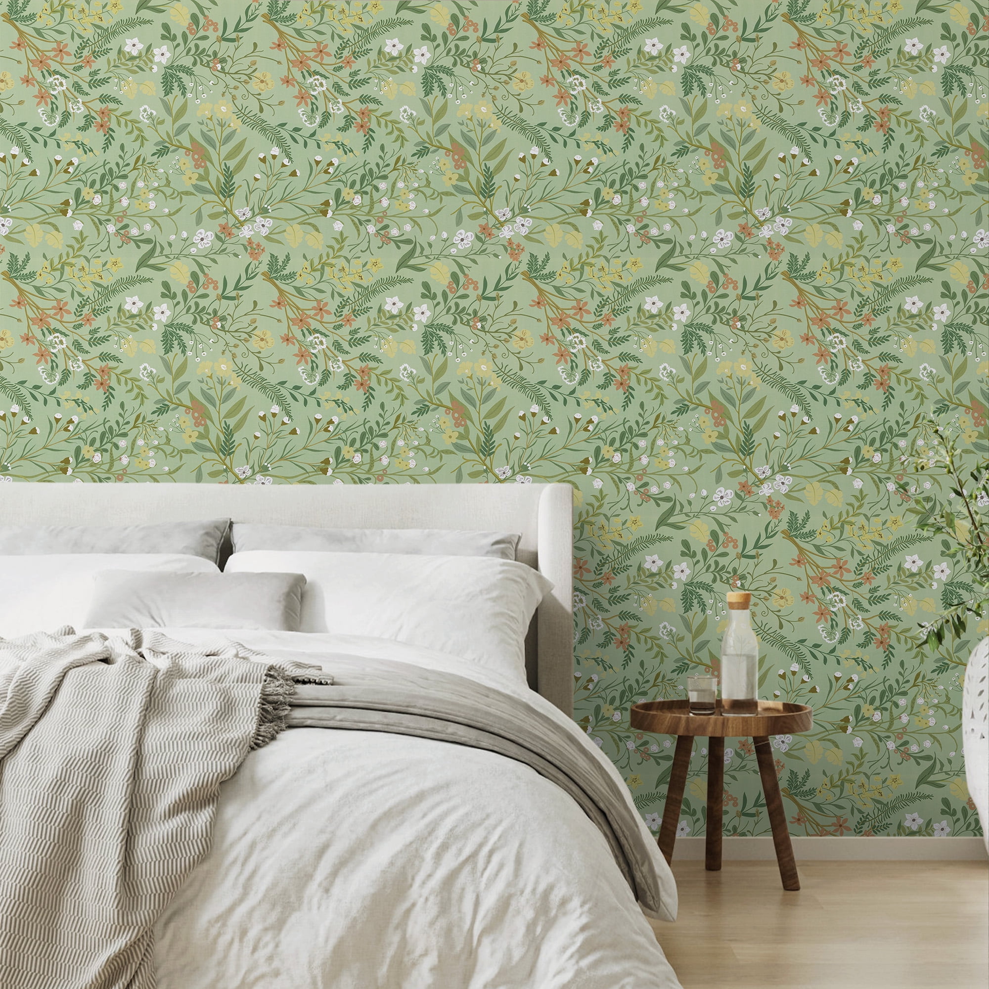 Abyssaly Green Floral Peel and Stick Wallpaper 17.3" × 393.7" Removable Self-Adhesive Green Vinyl Wallpaper for Home Decor